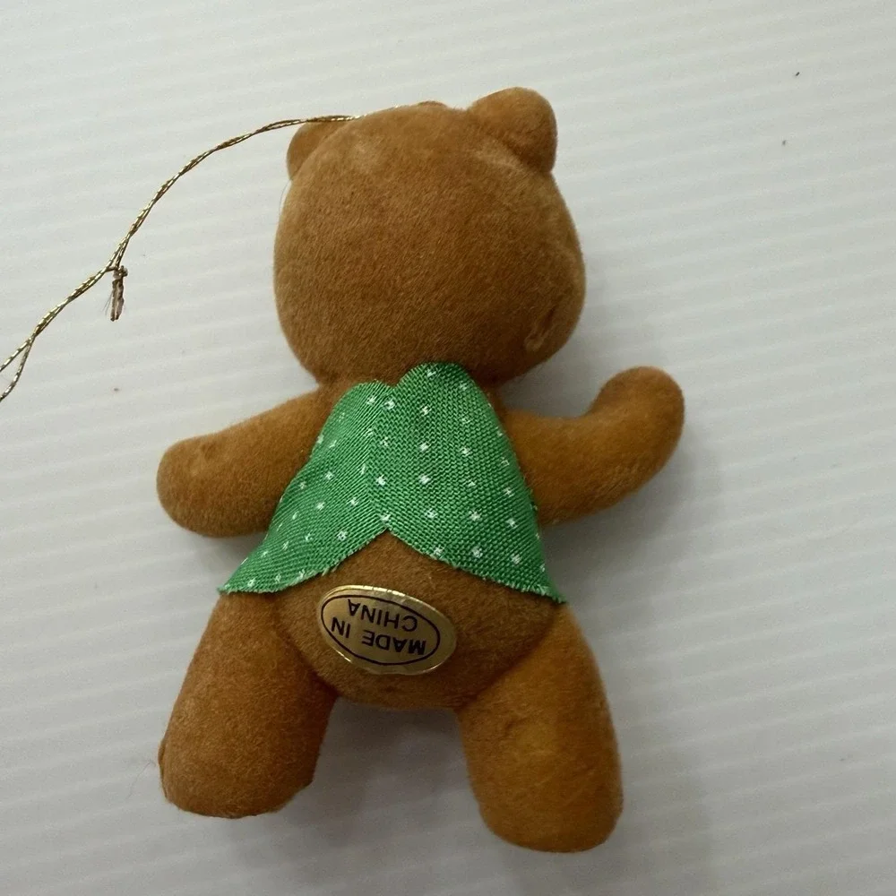Vintage Flocked Bear Christmas Ornament Green Shirt 70s 80s